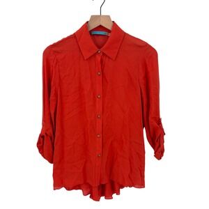 Alice + Olivia Sheer Button Down Roll Tab‎ Sleeves Orange Small